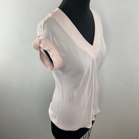 THEORY Light Pink Gyda Silk Blouse V-Neck Cuffed Short Sleeve Work Casual P XS - Picture 3 of 7